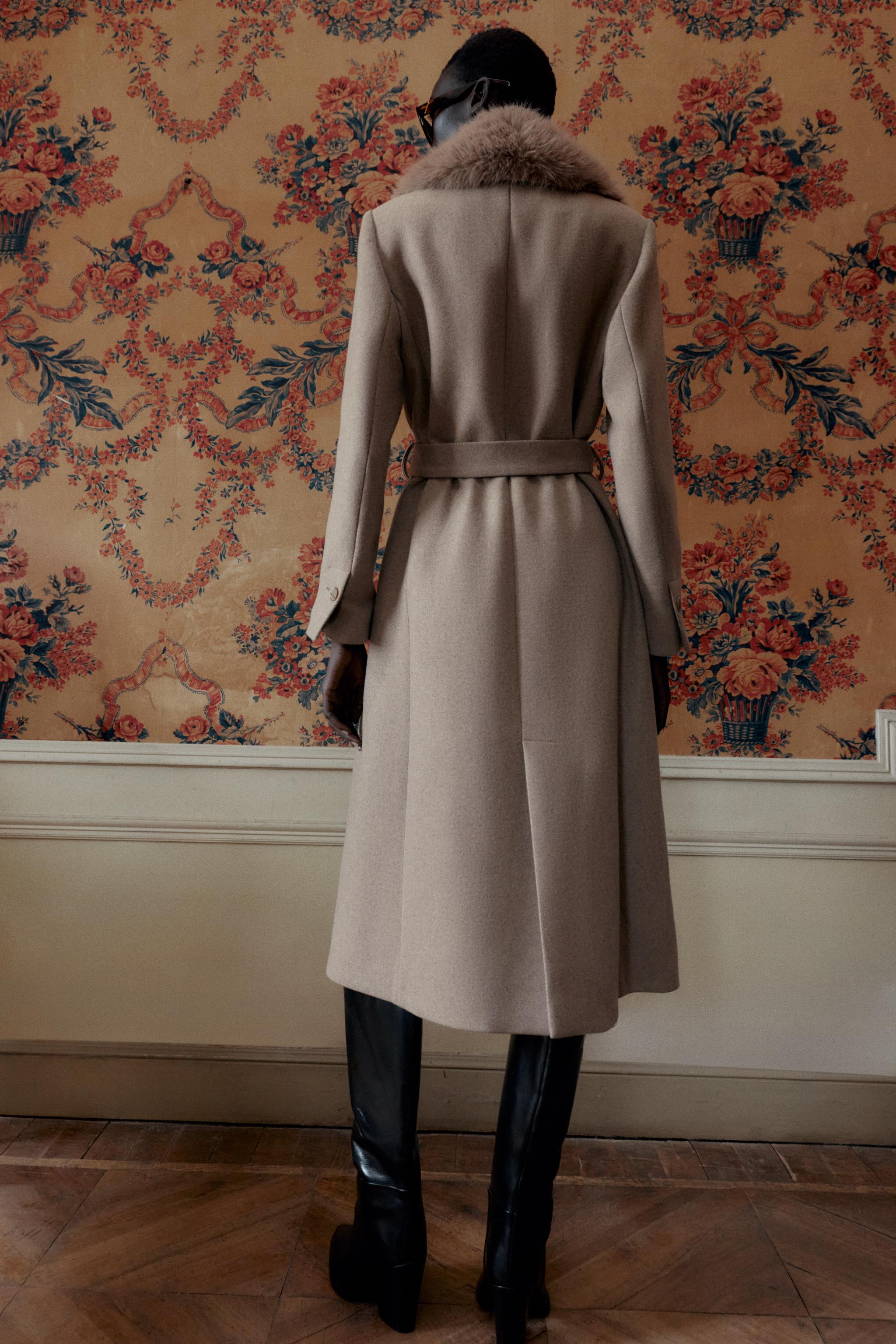 WOOL COAT WITH FAUX FUR LAPEL AND BELT